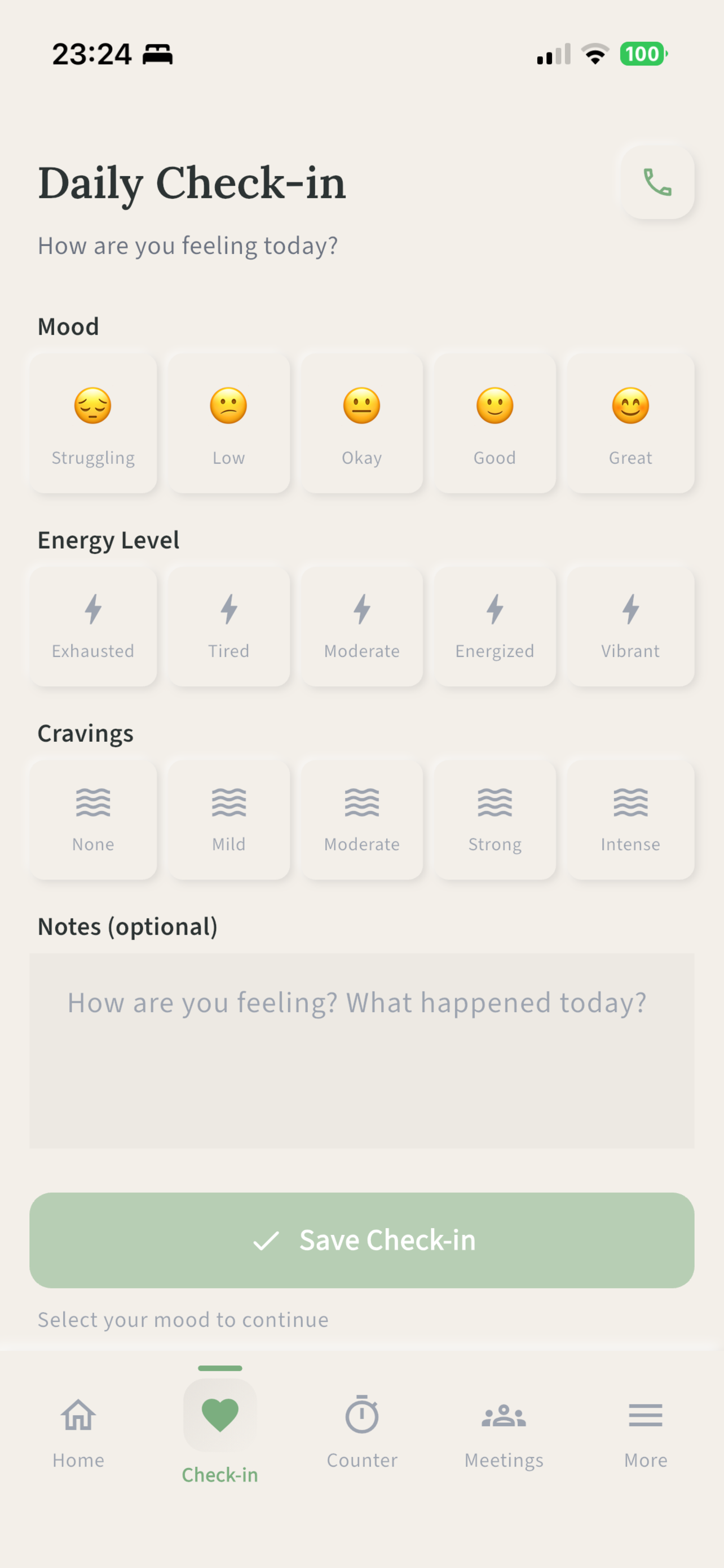Calmly daily check-in